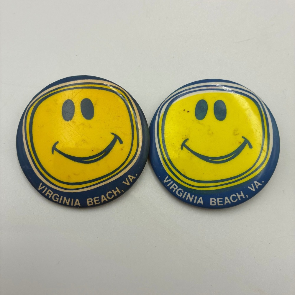 Vintage Virginia Beach VA Smiley Face Pinback Buttons Set of 2 Yellow Blue Retro